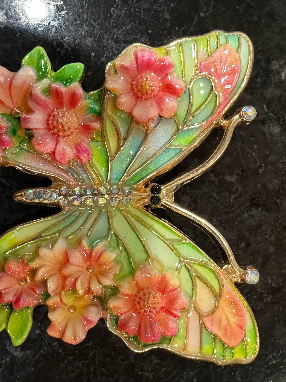 Floral Enamel Butterfly Brooch in Pink & Green
